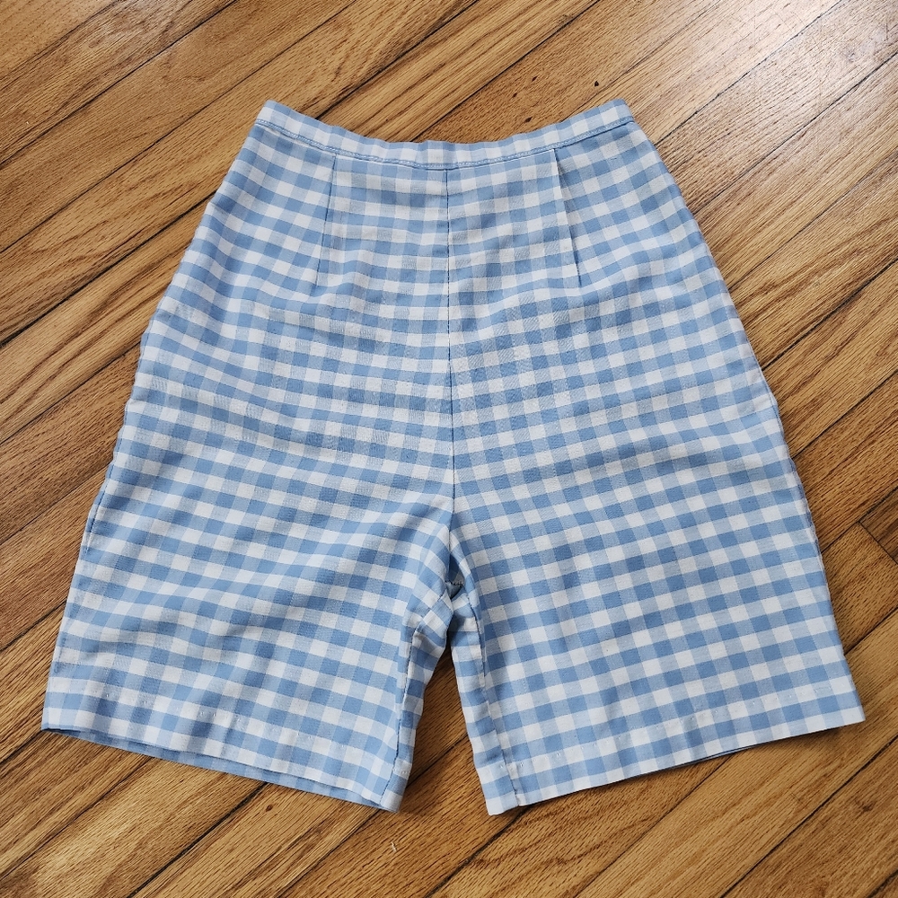 Vintage 1960s Blue White Gingham Checkered Picnic High Rise Bermuda Shorts